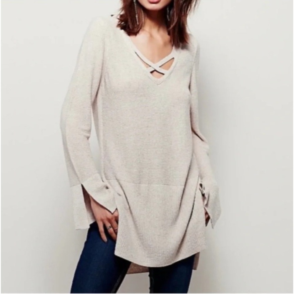 Free People Tunic Sweater Size XS Beige Bell Sleeve Crisscross Ribbed Boho Earth